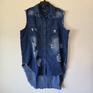 Thrill Jeans Women Plus Sz 3XL Sleeveless Tunic Shirt Cotton Chambray Grunge Y2k
